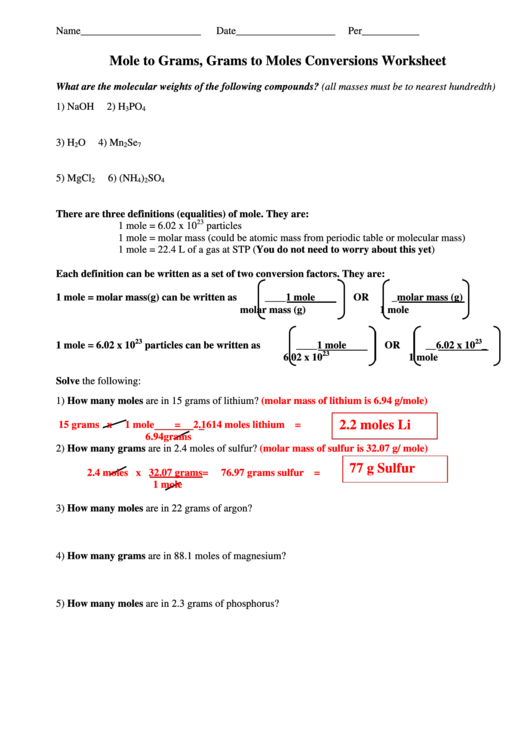 Mole Calculation Worksheet Printable Pdf Download