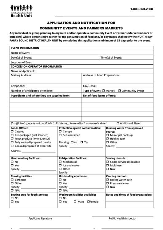 Application And Notification For Community Events And Farmers Markets Form Printable pdf