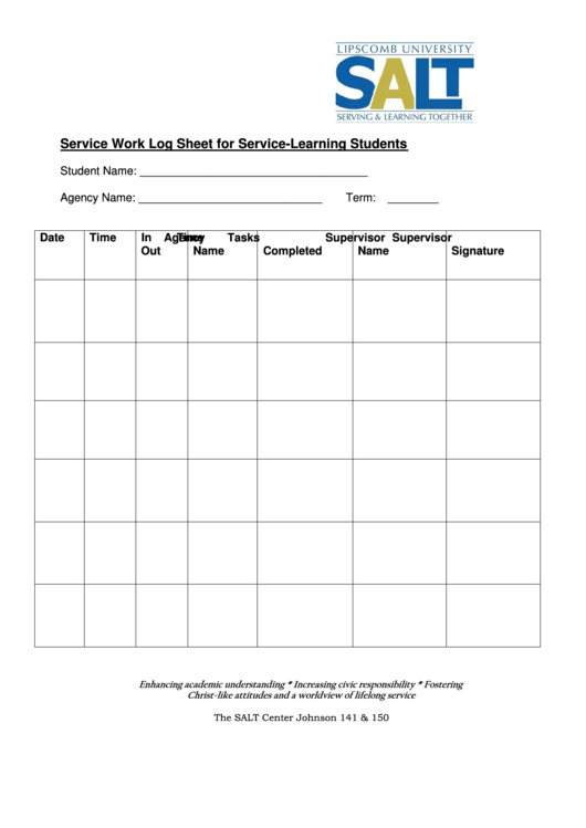 Service Work Log Sheet For Service-learning Students