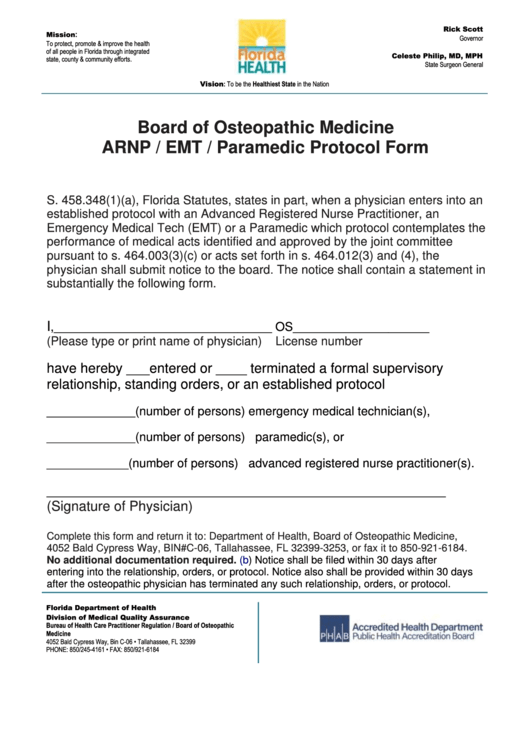 Board Of Osteopathic Medicine Arnp / Emt / Paramedic Protocol Form