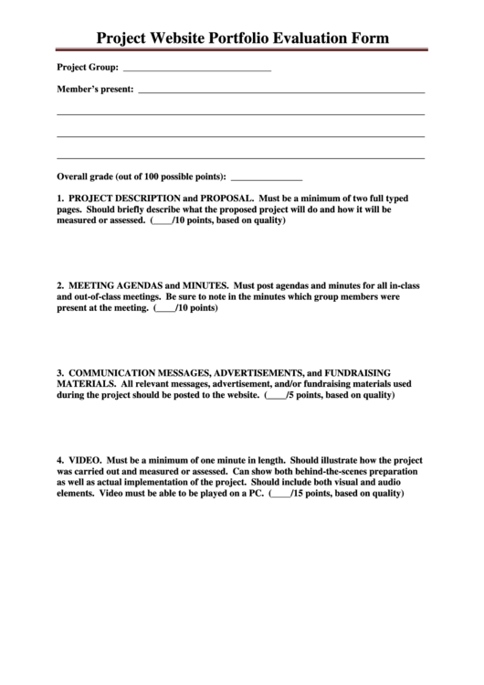 Project Website Portfolio Evaluation Form Printable pdf