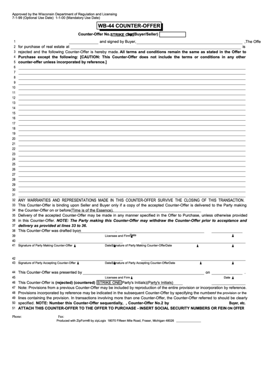 Fillable Form Wb-44 - Counter-Offer - Wisconsin Department Of Regulation And Licensing Printable pdf