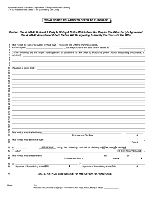 Fillable Form Wb-41 - Notice Relating To Offer To Purchase - Wisconsin Department Of Regulation And Licensing Printable pdf