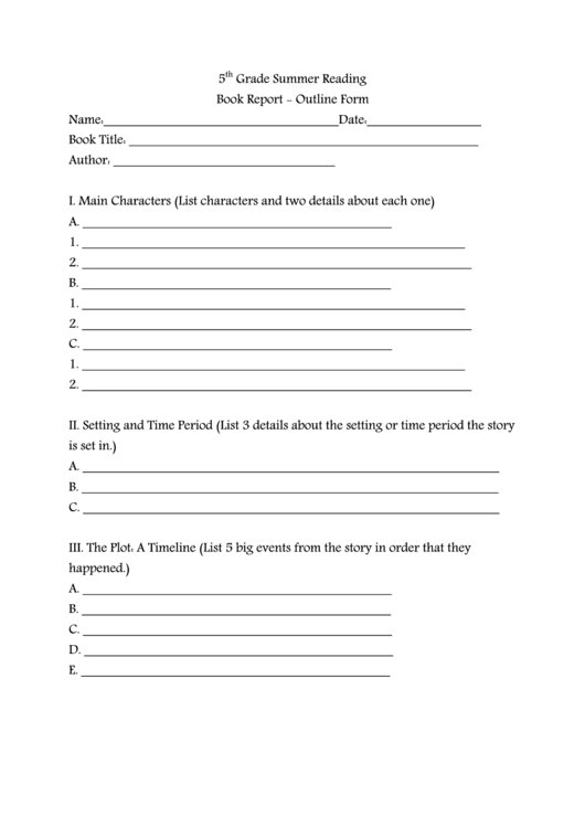 5 Th Grade Summer Reading Book Report - Outline Form