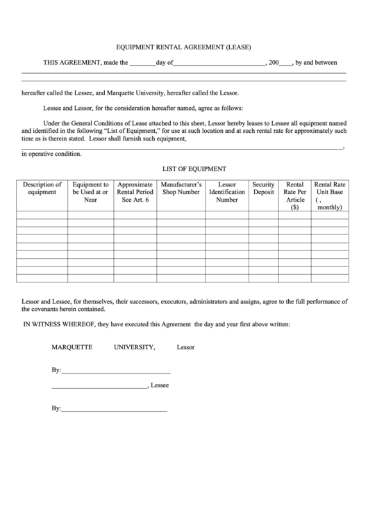 Equipment Rental Agreement (Lease) Template Printable pdf