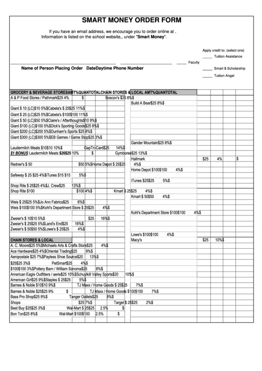 Smart Money Order Form Printable pdf