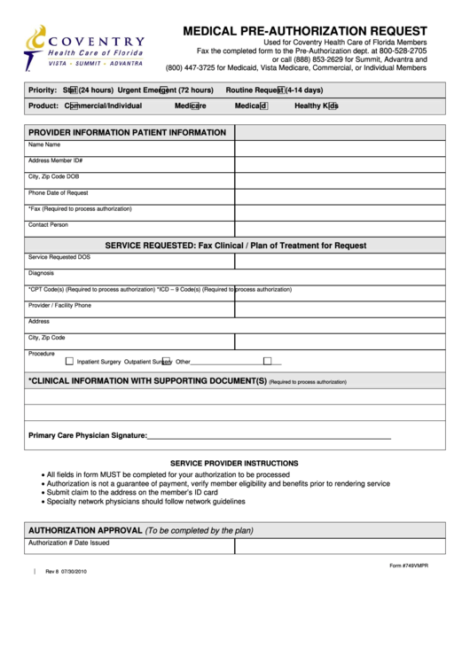 Medical Pre-Authorization Request Form Printable pdf