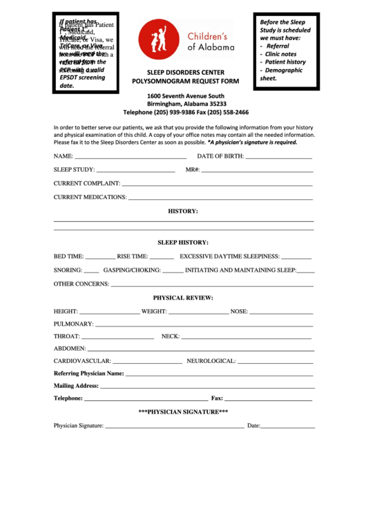 Sleep Disorders Center Polysomnogram Request Form Printable pdf