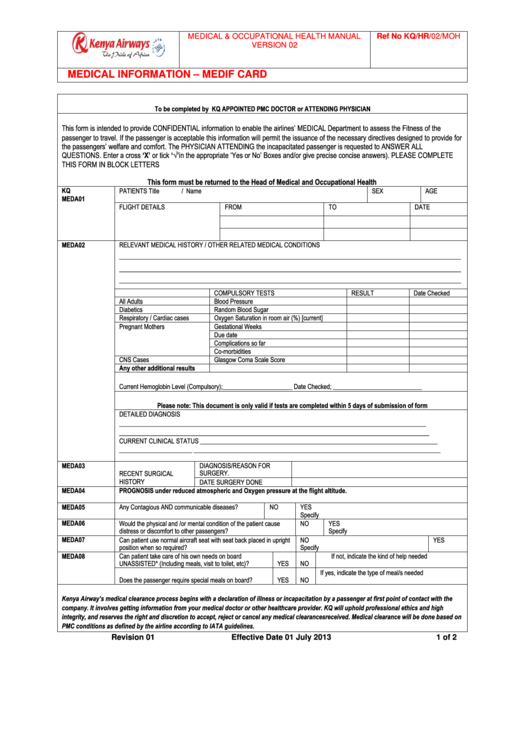 Kenya Airways Medical Information - Medif Card Printable pdf