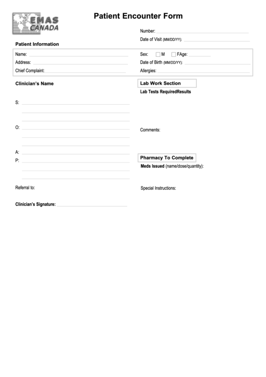 Patient Encounter Form Printable pdf