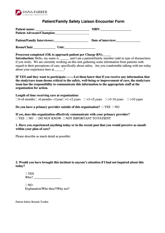 Patient/family Safety Liaison Encounter Form Printable pdf