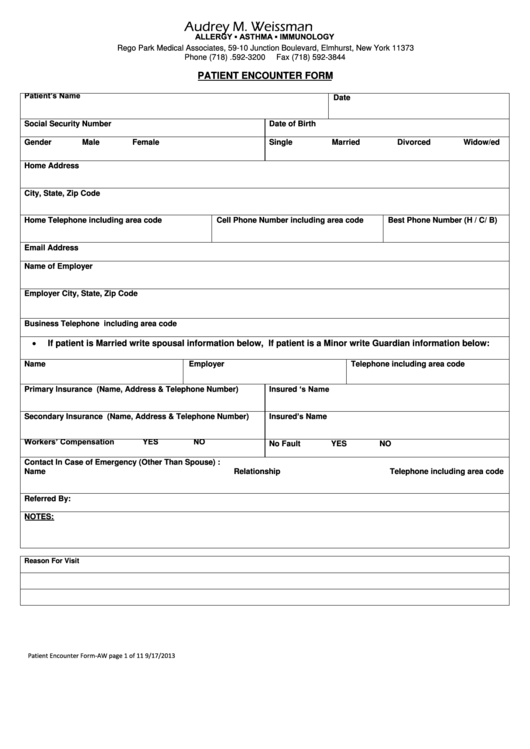 Patient Encounter Form Printable pdf