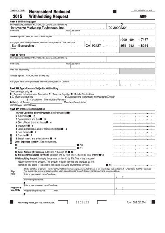 California Form 589 - Nonresident Reduced Withholding Request - 2015 Printable pdf