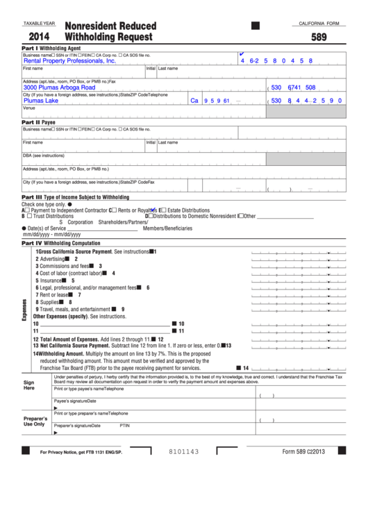 Fillable California Form 589 - Nonresident Reduced Withholding Request - 2014 Printable pdf
