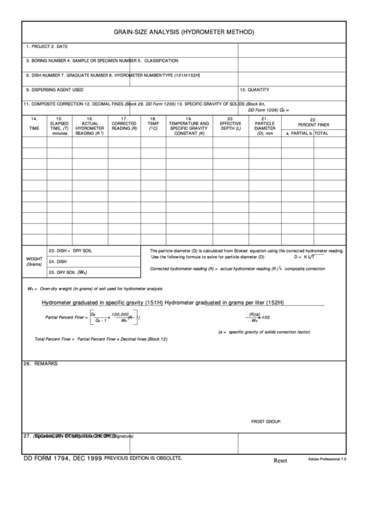 Fillable Dd Form 1794 - Grain-Size Analysis (Hydrometer Method ...