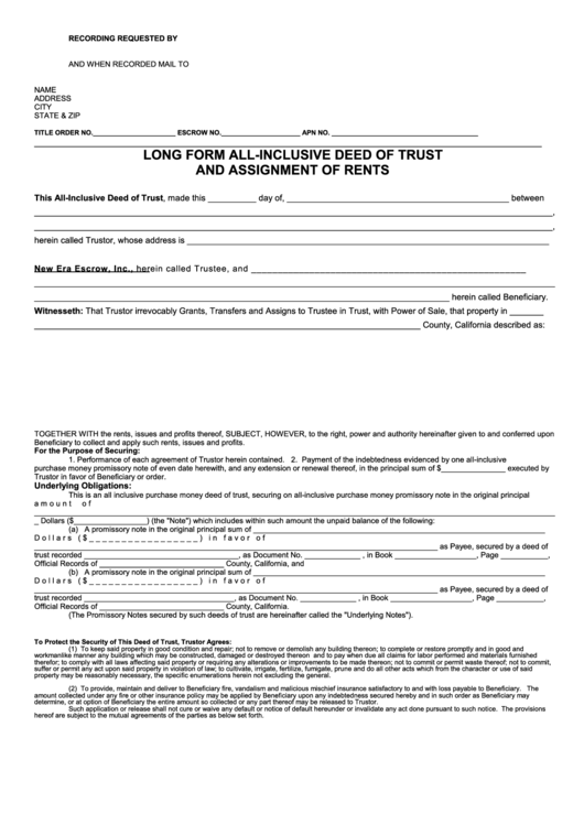 Long Form All-Inclusive Deed Of Trust And Assignment Of Rents - State Of California Printable pdf