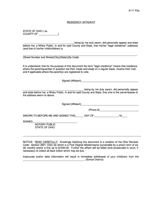 Residency Affidavit Printable pdf