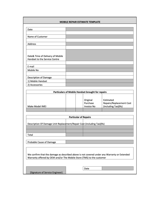 Mobile Repair Estimate Template Printable pdf