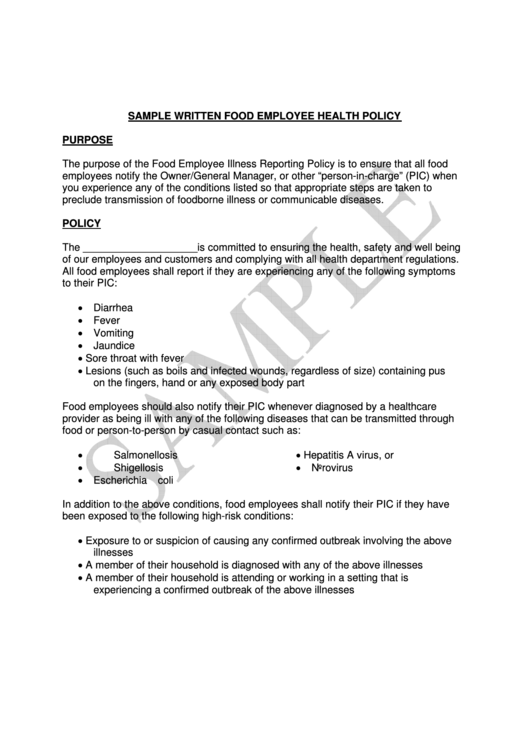 Sample Written Food Employee Health Policy Printable pdf