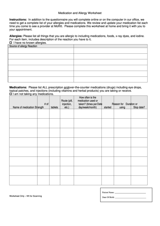 Medication And Allergy Worksheet Printable pdf