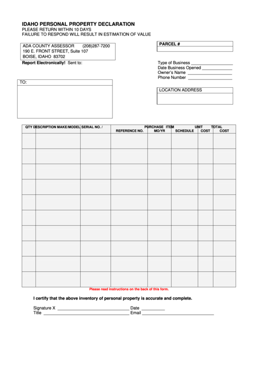 Idaho Personal Property Declaration Printable pdf