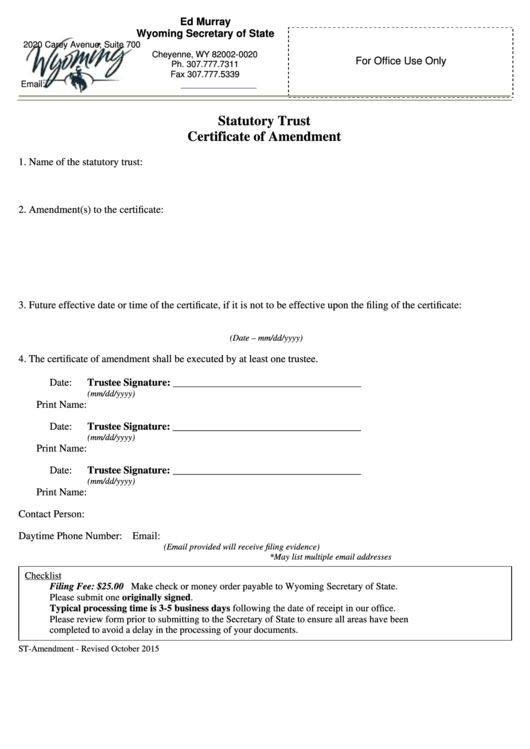 Fillable Statutory Trust Certificate Of Amendment - Wyoming Secretary Of State Printable pdf