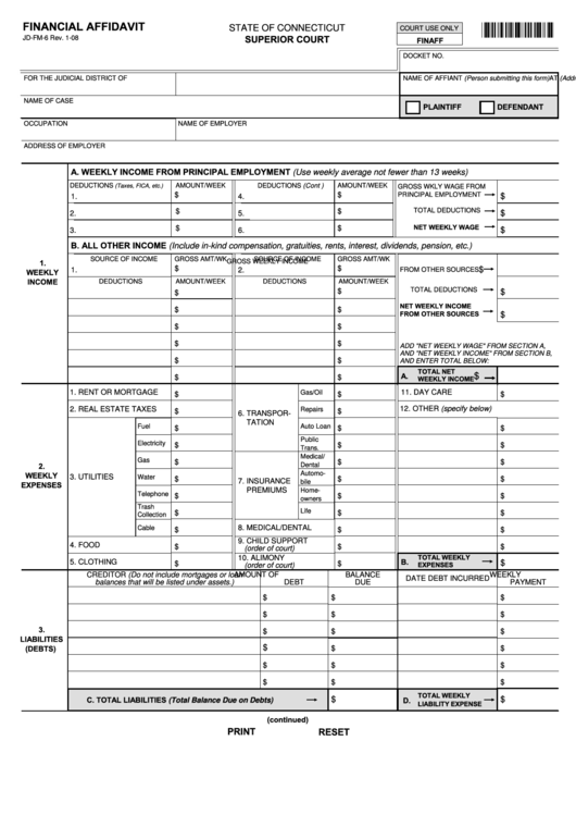 Fillable State Of Connecticut Superior Court Financial Affidavit Printable pdf