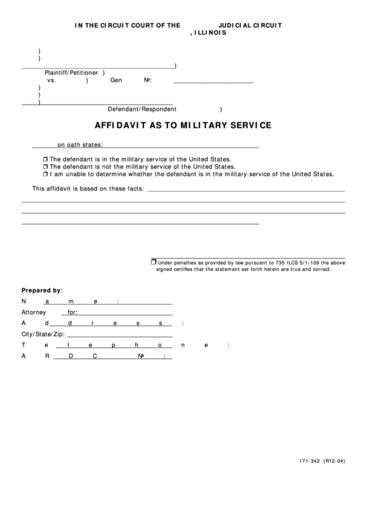 Fillable Affidavit As To Military Service Printable pdf