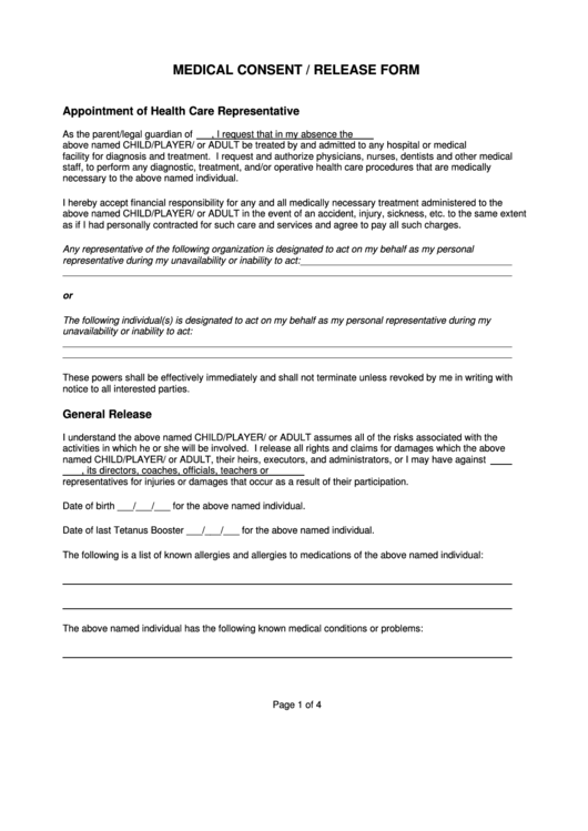 Medical Consent / Release Form Printable pdf