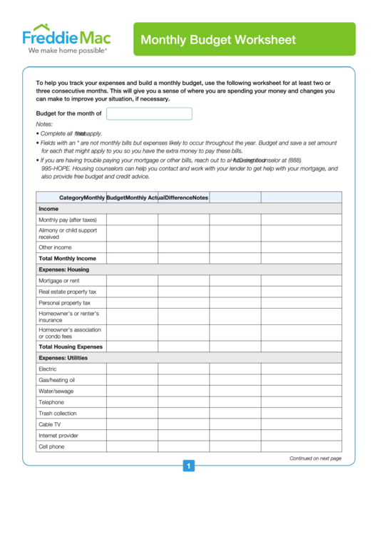 Monthly Budget Worksheet Template Printable pdf
