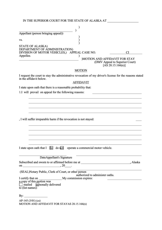 Motion And Affidavit For Stay Printable pdf