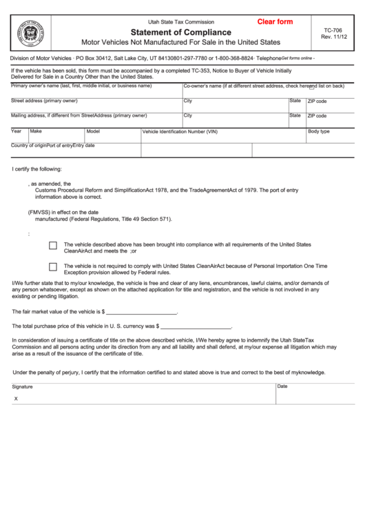 Fillable Form Tc-706 - Affidavit Of Compliance Motor Vehicles Not Manufactured For Sale In The United States Printable pdf