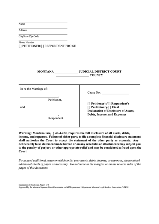 Petitioners Respondent Preliminary Or Final Declaration Of Disclosure Of Assets Debts Income And Expenses Printable pdf