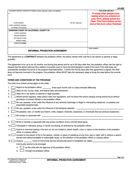 Fillable Informal Probation Agreement Printable pdf