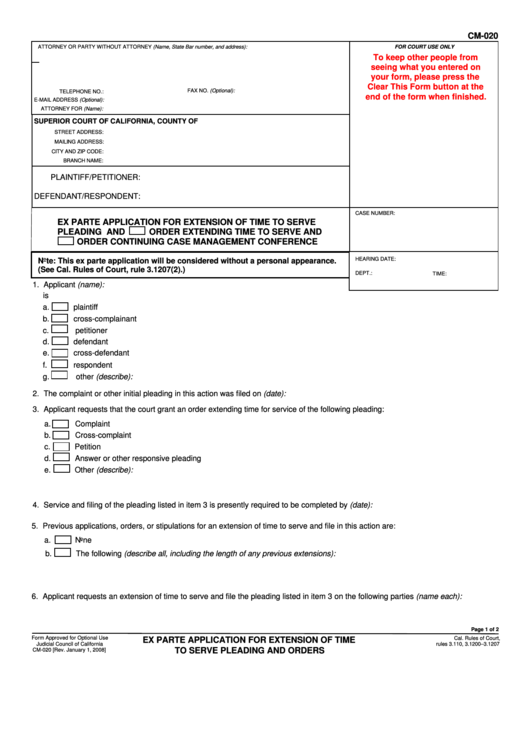 Fillable Ex Parte Application For Extension Of Time To Serve Pleading Printable pdf