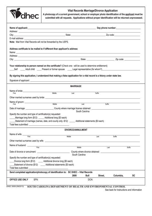 Fillable Vital Records Marriage/divorce Application Form Printable pdf