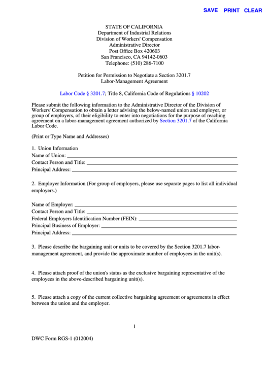 Fillable Petition For Permission To Negotiate A Section 3201.7 Labor-Management Agreement - Department Of Industrial Relations, State Of California Printable pdf