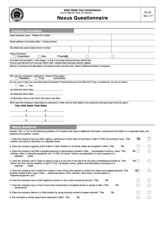 Fillable Form Tc-51 - Nexus Questionnaire Printable pdf