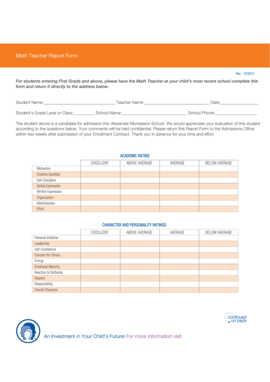 Math Teacher Report Form Printable pdf