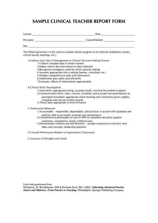 Sample Clinical Teacher Report Form Printable pdf