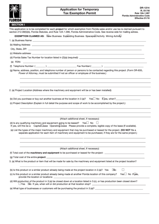 Form Dr-1214 - Application For Temporary Tax Exemption Permit Form - 2016 Printable pdf