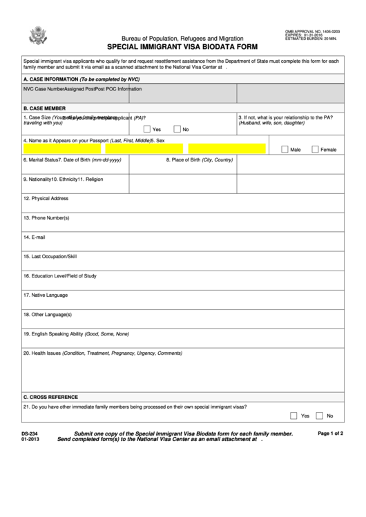 Form Ds-234 - Special Immigrant Visa Biodata Form