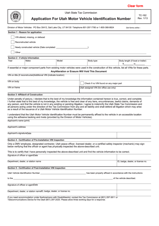 Fillable Application For Utah Motor Vehicle Identification Number Printable pdf
