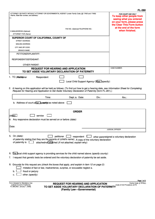 Fillable Request For Hearing And Application To Set Aside Voluntary Declaration Of Paternity Printable pdf