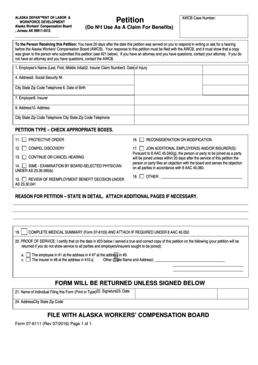 Fillable Form 07-6111 - Petition - Alaska Department Of Labor & Workforce Development Printable pdf