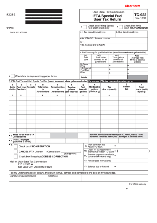 Fillable Ifta/special Fuel User Tax Return Printable pdf