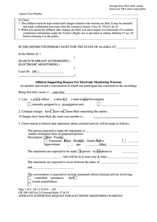 Affidavit Supporting Request For Electronic Monitoring Warrant Printable pdf