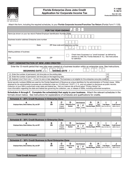 Form F-1156z - Florida Enterprise Zone Jobs Credit Application For Corporate Income Tax Printable pdf