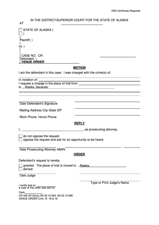 Fillable Venue Order - Alaska State Court printable pdf download