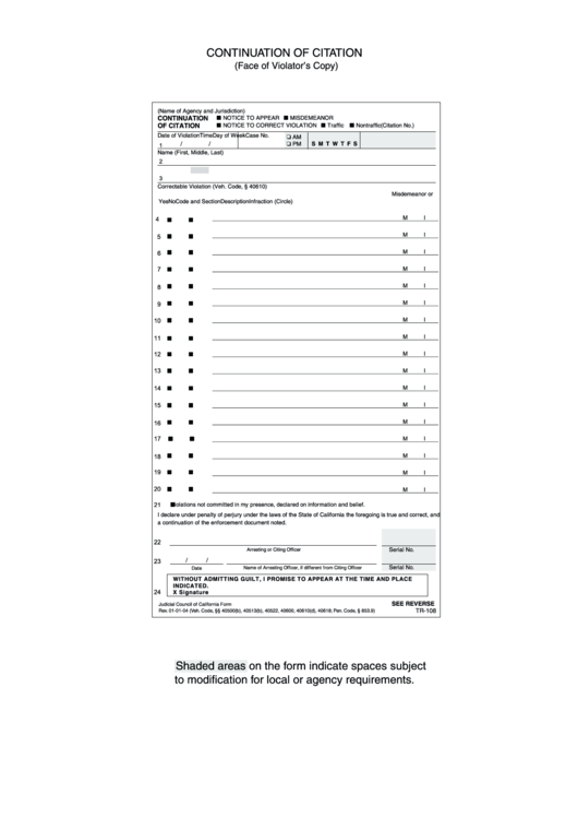 Form Tr-108 - Continuation Of Citation Printable pdf